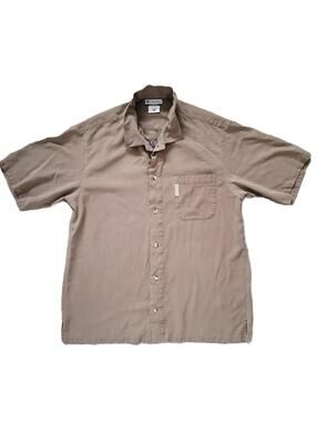 Columbia Men’s XL Silk Button Shirt Tan Short Sleeve Mermaid & Fish Design